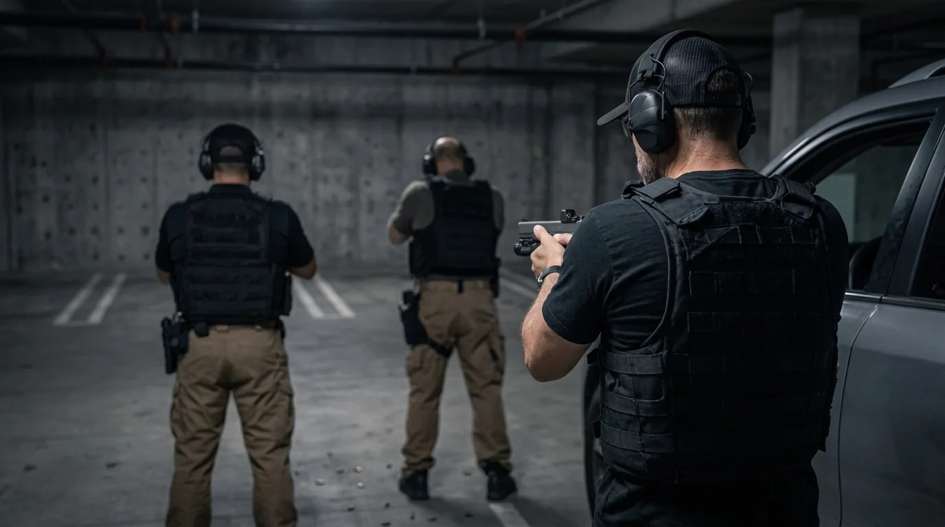 Three tactical operators firing handguns beside a vehicle in a parking garage