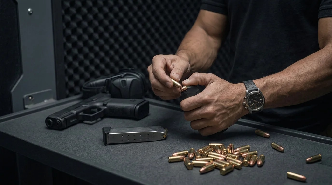 Close-up of hands loading a cartridge into a handgun magazine beside a pile of loose rounds