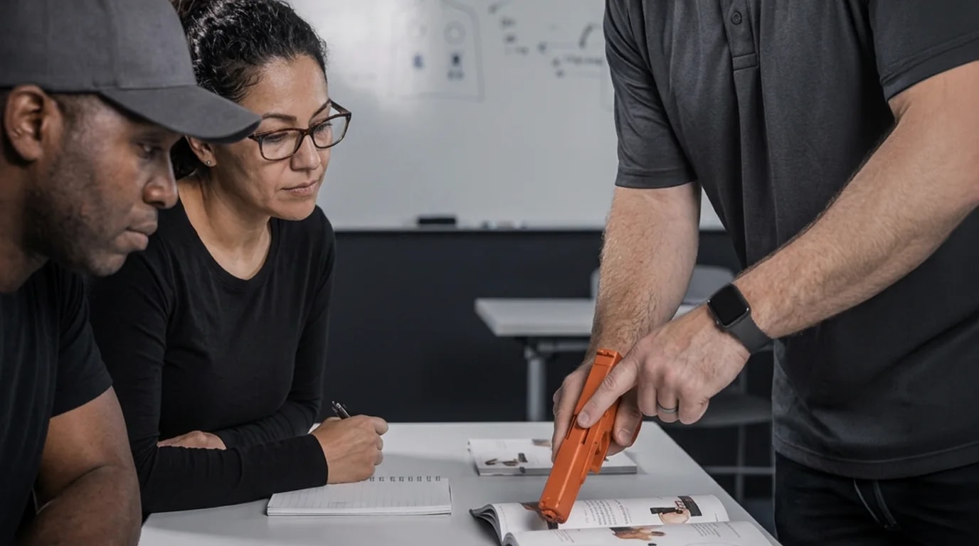 Instructor coaching two trainees through handgun technique using a whiteboard diagram