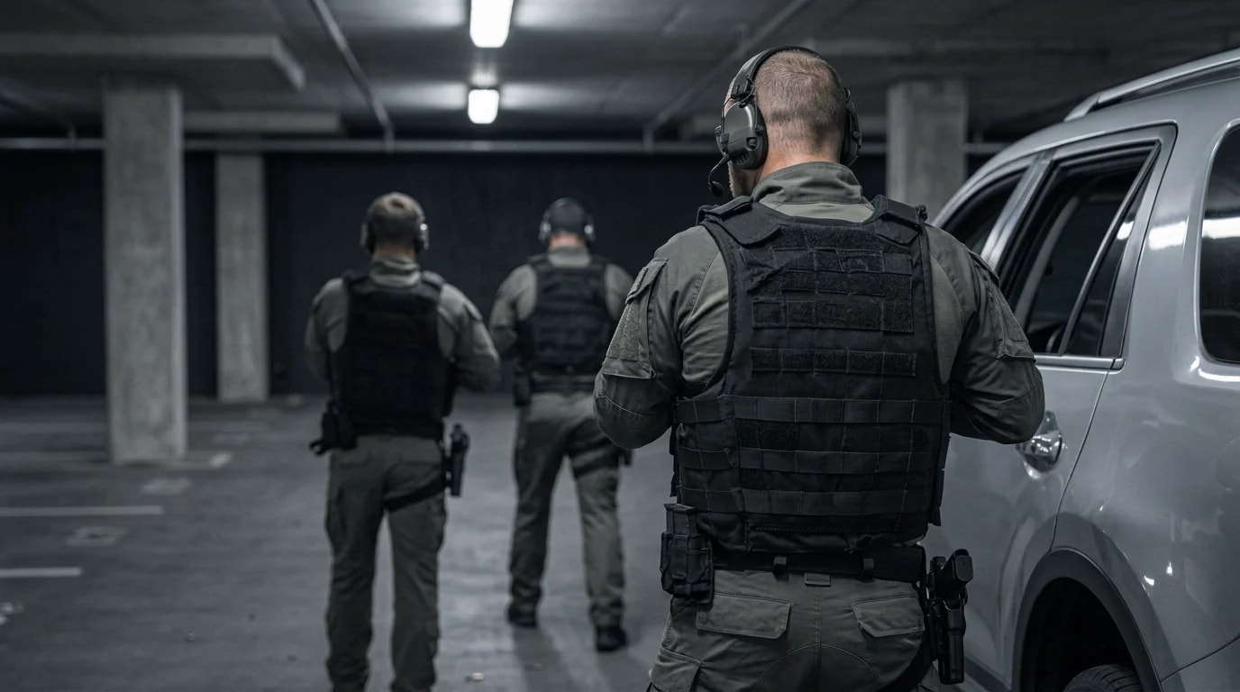 Three officers in body armour and ear protection walking through a car park during duty training