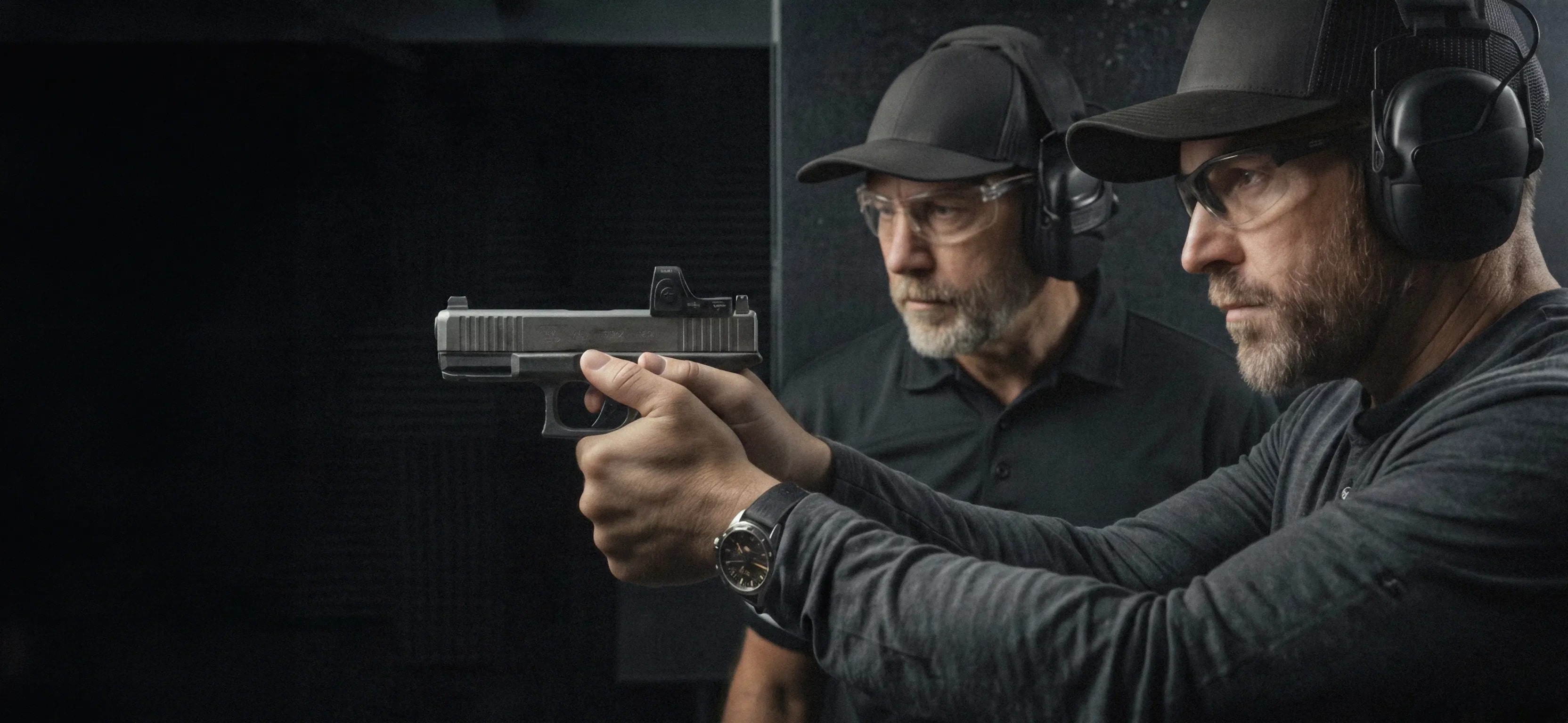 Two instructors at a shooting range guiding a trainee's grip on a handgun