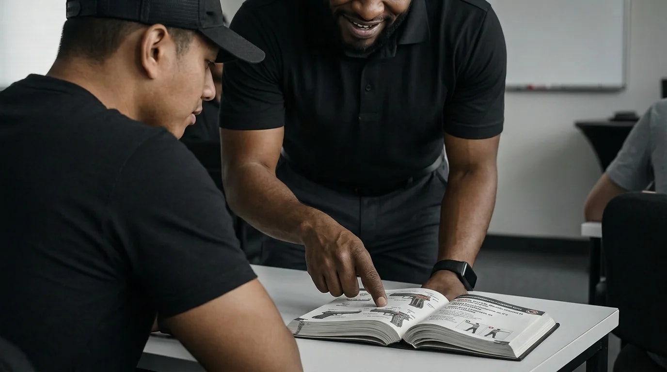 Instructor pointing to handgun diagrams in an open GFT training manual